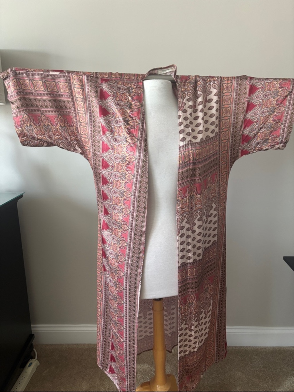 Boho Printed Satin Kimono Robe in Pink and Brown